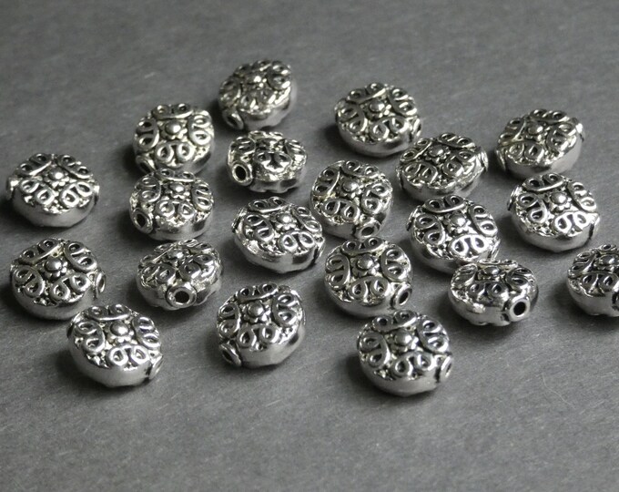 20 PACK OF 11x10mm Alloy Metal Flat Round Beads, Metal Spacers, Antique Silver Color, Fancy Round Beads, Intricate Tribal Floral Design