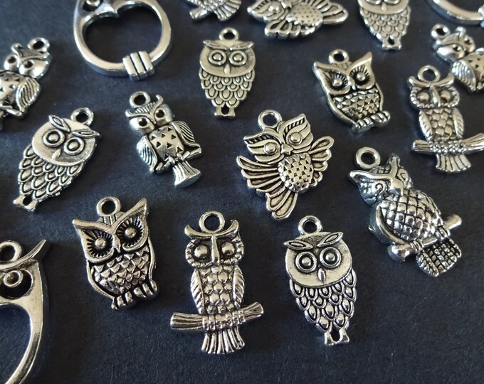 50 PACK of Mixed Owl Pendants, Tibetan Style Metal Pendant, Metal Owl Pendant, Silver Owl Pendant, Silver Metal Pendant, Mixed Owl Charms