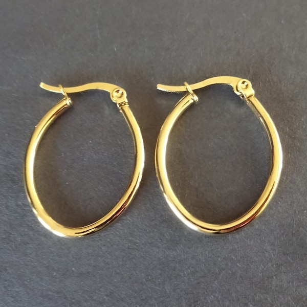 Stainless Steel Gold Hoop Earrings, Hypoallergenic, 12 Gauge Hoops, Oval Hoops, Set Of Gold Earrings, 27.5x20.5mm, Classic Golden Hoops