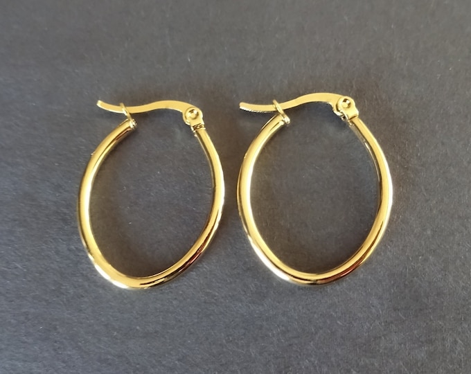 Stainless Steel Gold Hoop Earrings, Hypoallergenic, 12 Gauge Hoops, Oval Hoops, Set Of Gold Earrings, 27.5x20.5mm, Classic Golden Hoops