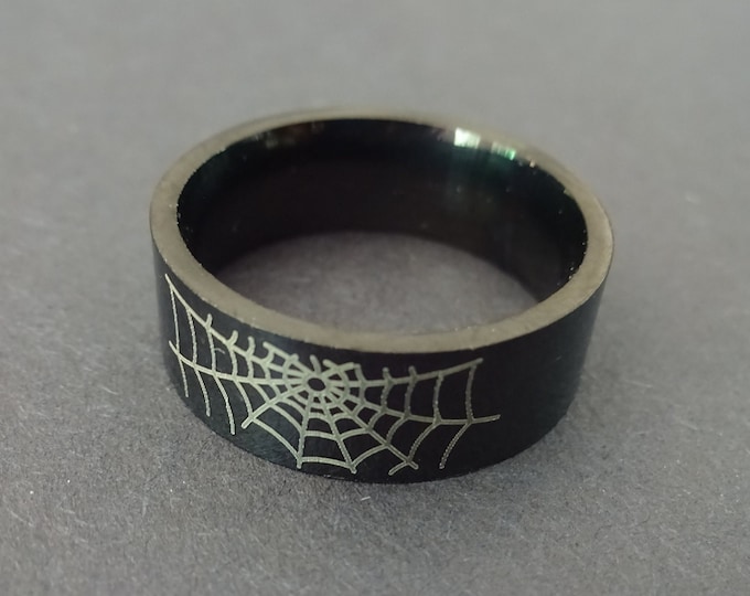 Stainless Steel Black Spider Web Ring, Spider Ring, Sizes 7-13, Halloween Jewelry, Black Widow, Silver & Black Webs Design, 8mm Width