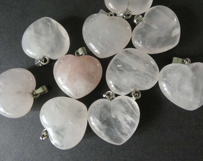 27-29mm Natural Rose Quartz Pendant With Alloy Metal, Heart Pendant, Large Charms, Polished Gemstone Jewelry, Pink Heart, Stone Charm