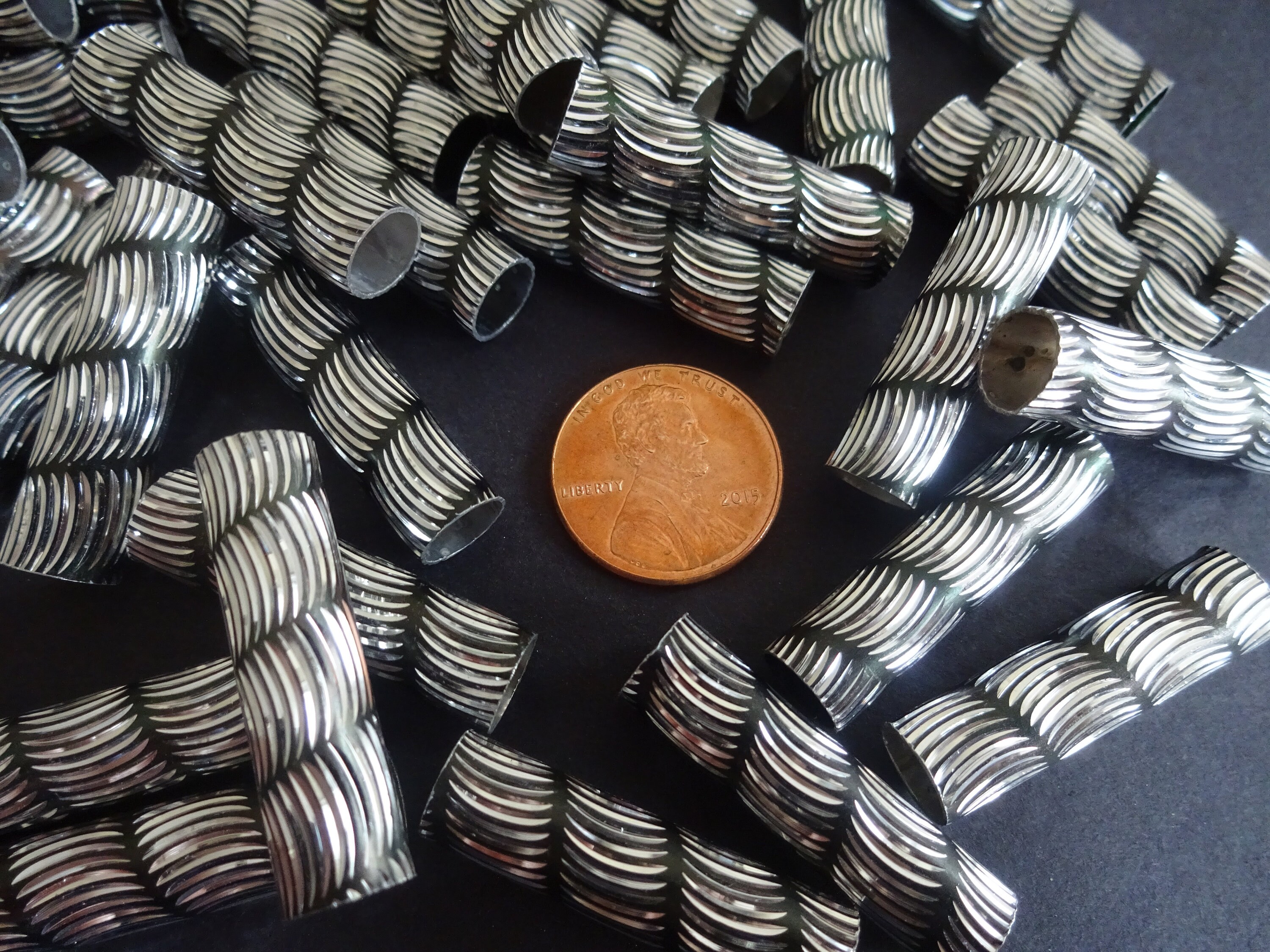 29x8mm Striped Aluminum Tube Beads, Metal Tubes, Lightweight, Round