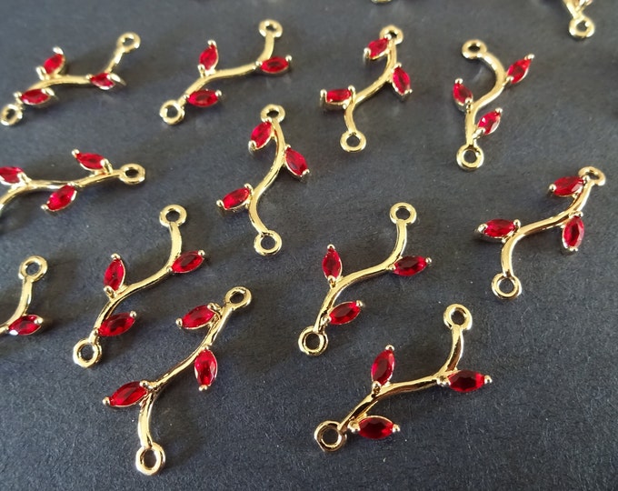 20-21mm Cubic Zirconia Micro Pave Brass Links, Light Gold Branch Connector, Branch Charms, Dark Red Cubic Zirconia, Stylish Link Connector