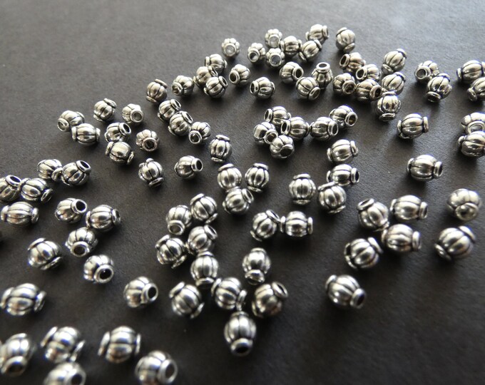 100 PACK 4mm Round Tibetan Silver Barrel Beads, Antiqued Silver Color, 1mm Holes, European Style Beads, Metal Spacers, Embellished Round