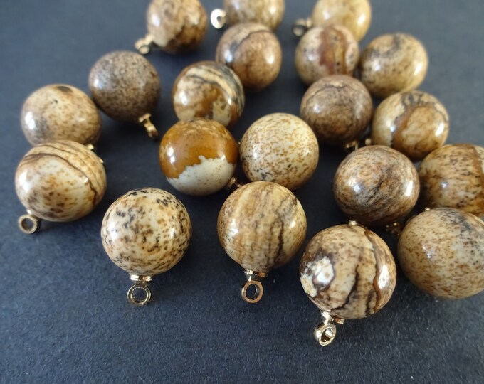 14x10.5mm Natural Picture Jasper Ball Charm With Brass Loop, Polished Gem, Gemstone Pendant, White, Tan & Gold Color Loop, Gemstone Charm