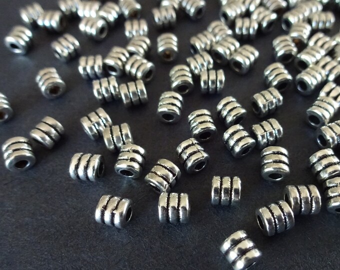 100 PACK 4mm Column Tibetan Silver Barrel Beads, Antiqued Silver Color, 2mm Holes, Embellished Beads, Metal Spacers, Embellished Round