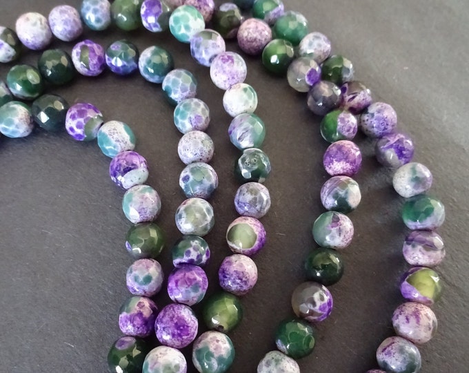 6mm Natural Fire Agate Faceted Bead Strand, Dyed and Heated, Purple and Green, About 61 Beads, 15 Inch Strand, Ball Bead, Round, Polished