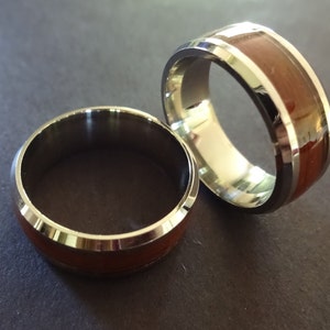 Titanium and Wood Design Inlay Ring, Handcrafted Titanium Band, Silver Men's Ring, Men's Jewelry, Silver Color With Wooden Design Stripe