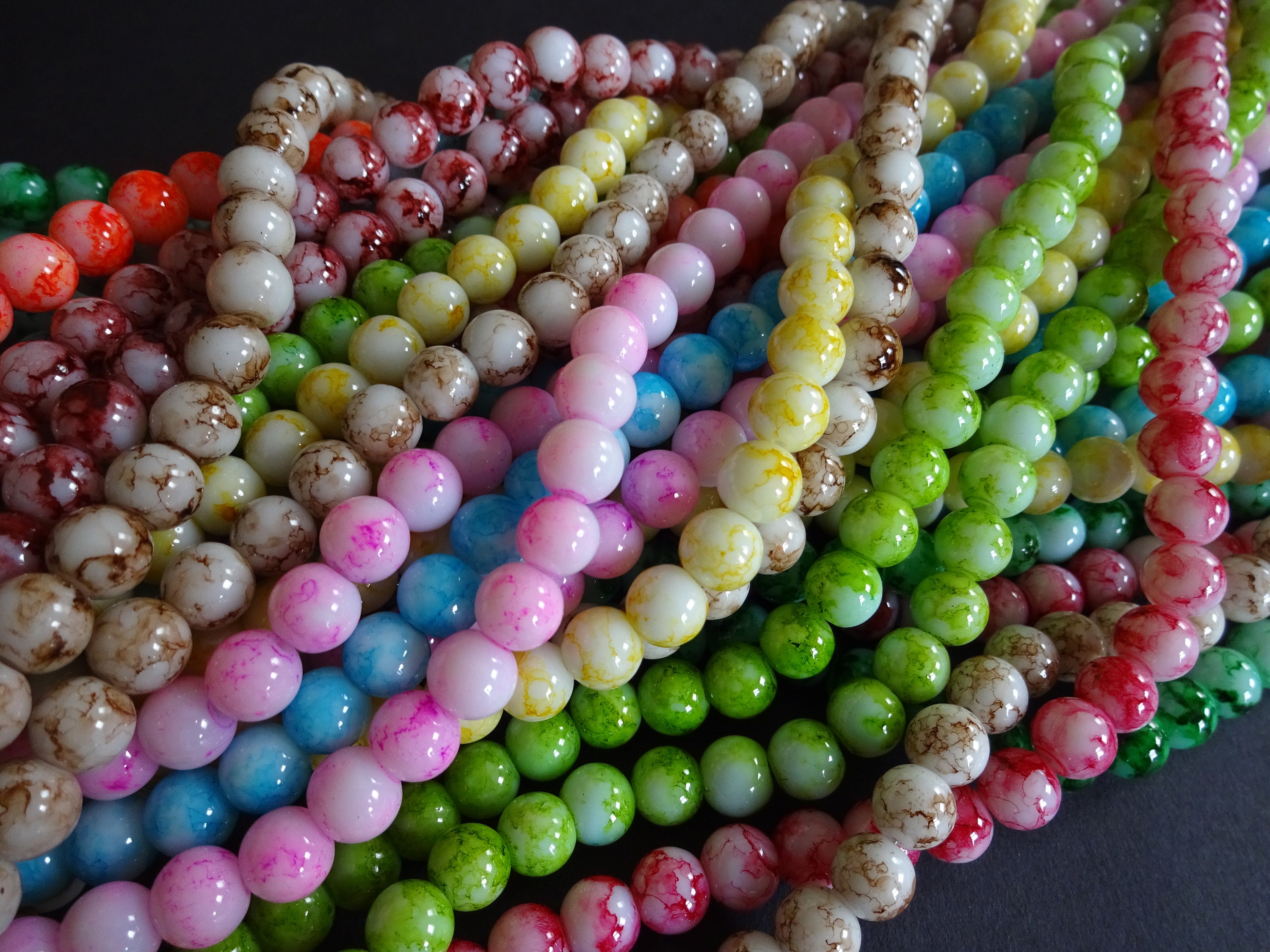 5 Strands of Glass Ball Beads, About 500 Beads, 8mm Rainbow Bead, Mixed