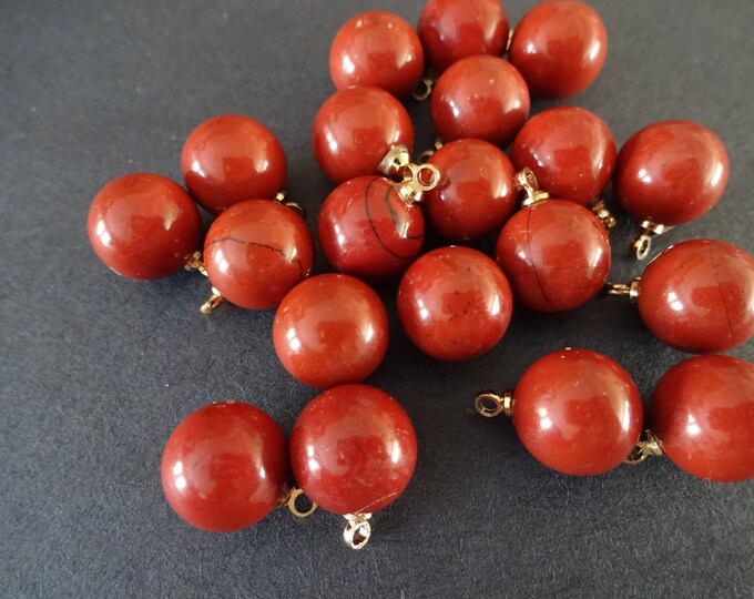 14x10.5mm Natural Red Jasper Ball Charm With Brass Loop, Polished Gem, Gemstone Pendant, Red & Gold Color Loop, Gemstone Charm