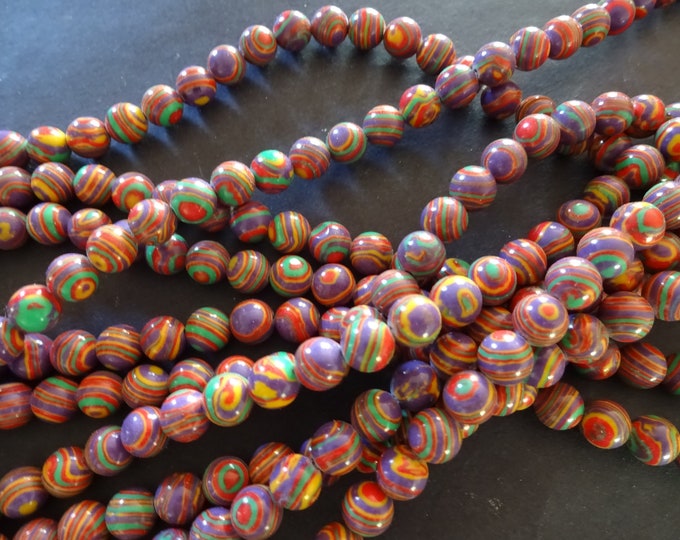 15 Inch 8mm Synthetic Malachite Ball Bead Strand, Dyed, About 46 Beads, Round Bead, Rainbow Striped Bead, 8mm Ball Spacers, Striped Bead