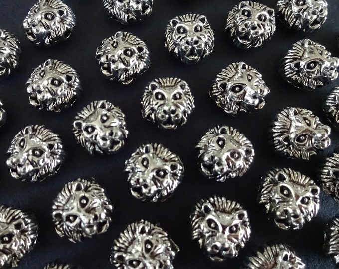 10 PACK 12x13mm Lion Head Metal Beads, Antiqued Silver, Drilled Metal Lions, Animal Bead, Charm Bead, Engraved Lion Beads, Cat Beads