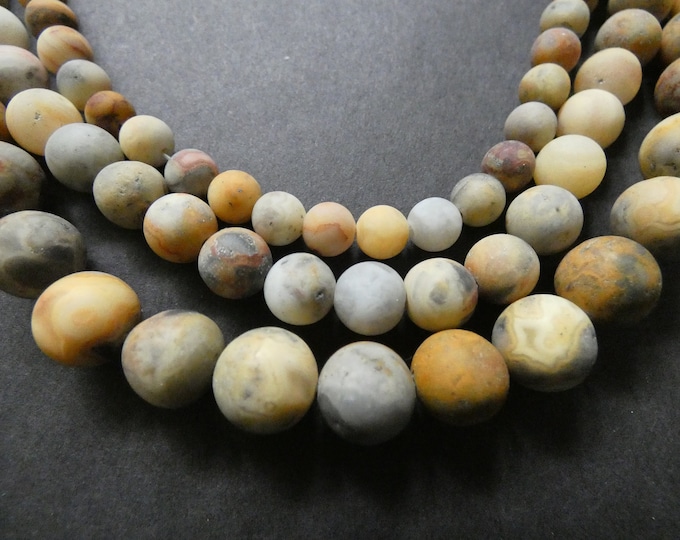 15.5 Inch 6-10mm Natural Crazy Agate Bead Strands, About 36-63 Frosted Ball Beads, Round, Precious Stone, Unfinished Agate, Beige & Orange