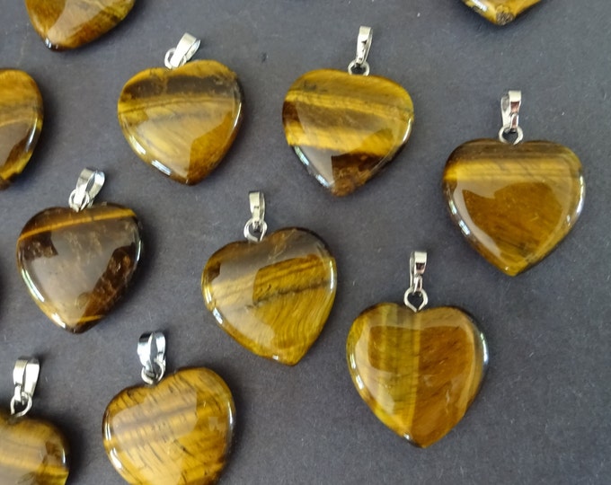 22-23mm Natural Tiger Eye Heart Pendant With Brass Loop, Golden Brown Stone Charm, Crystal Heart Pendant, Tiger's Eye Mineral Heart Charm