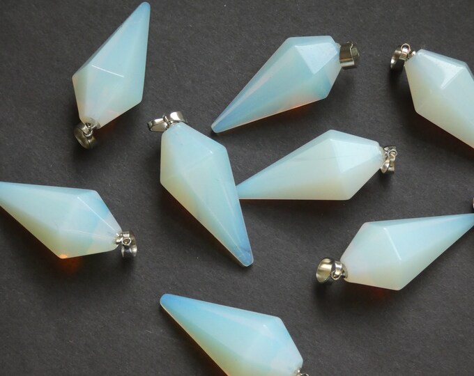 38.5mm Synthetic Opalite With Brass Loop, Translucent Cone Pendulum, Large Clear and Silver Charm, Designer Glass Pointed Bullet Pendant