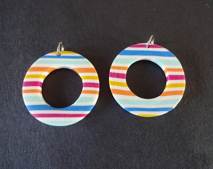 2 PACK OF 30mm Clay Donut Pendants With Jump Rings, Multicolor Rainbow Striped Charms, 18mm Center Hole, Large Clay Focal Pendant