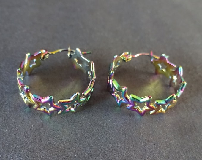 Stainless Steel Rainbow Star Hoop Earrings, Hypoallergenic, Ion Plated, Round Rainbow Hoops, Set Of Earrings, 22x20mm, Star Outline Earrings