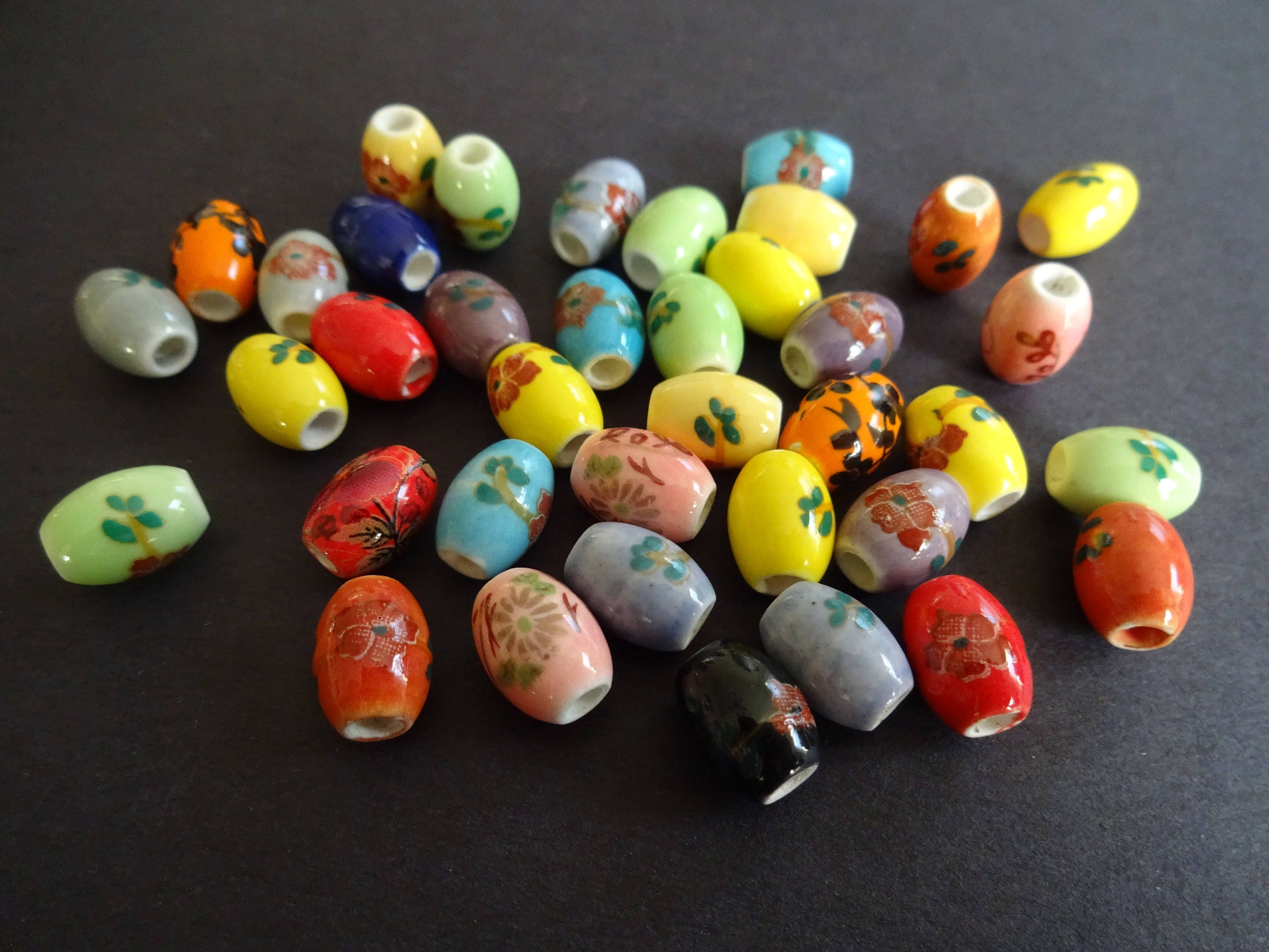 Porcelain Floral Barrel Beads, Hand Painted Barrel Bead, Porcelain