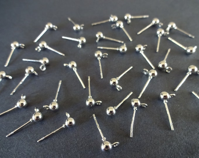 6.5x4mm Metal Iron Ball Stud Earring With Loop, Shiny Silver Earrings, .8mm Pin, 1mm Hole, Earring Making, Add Your Own Charms, Leightweight