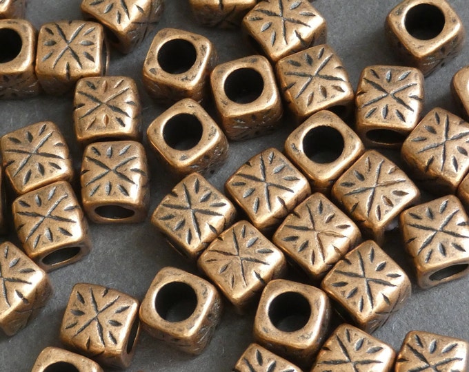 50 PACK 9mm Metal Cube Beads, Tribal Design, Antiqued Copper Color, Engraved Cube Spacer Bead, 5.5mm Holes, Lined Arrow Patterning