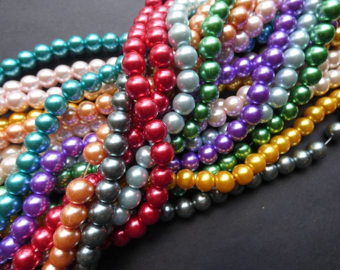 5 Strands Glass Faux Pearl Bead, Dyed 10mm Ball Beads, 32 Inch Strands, About 85 Beads Per Strand, Pearlized Glass, Round, Mixed Color