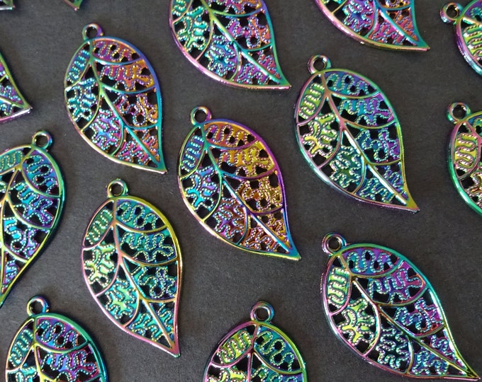 5 PACK 36mm Metal Leaf Pendant, Multi Color Pendant, Filigree Pendant, Rainbow Metal, Oil Slick, Metal Leaves, Leaf Charms, Leaf Jewelry
