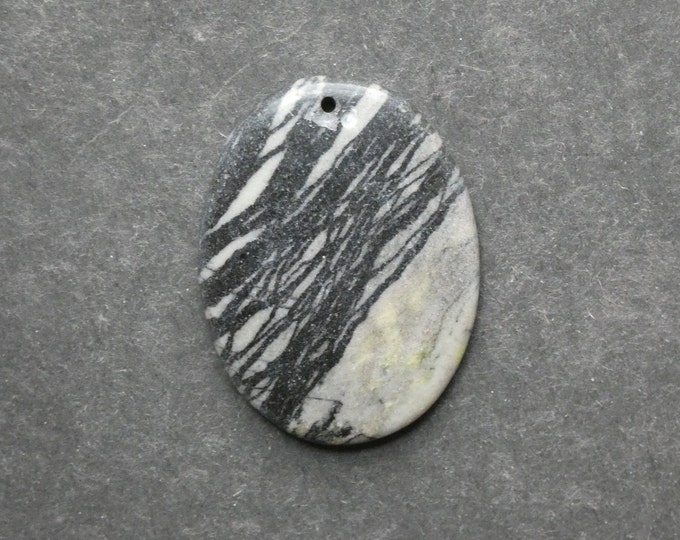 46x35mm Natural Black Silk Stone Pendant, Netstone Pendant, Black and Gray, Large Oval, Gemstone Pendant, One of a Kind, Unique Silk Stone