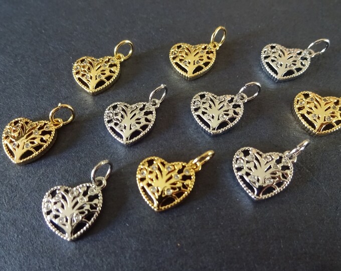 5 PACK Of 10x10.5mm Cubic Zirconia Micro Pave Brass Heart Charms, With Loops, Silver & Gold, Clear Rhinestones, Tree Of Life Heart