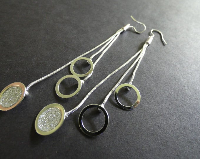 Brass Ring Dangle Earrings, Silver Color, 3 Strand Design, Fish Hook, Dangling Pair Of Women's Earrings, Pierced Ears, Unique Dangles