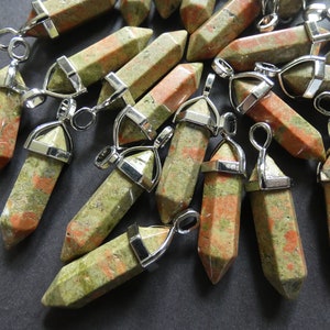 36-40mm Natural Unakite Pendant With Brass Loop, Faceted, Bullet Charm, Polished Gem, Gemstone Jewelry, Green & Pink and Silver Metal