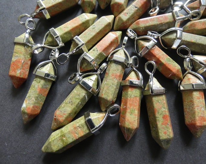 36-40mm Natural Unakite Pendant With Brass Loop, Faceted, Bullet Charm, Polished Gem, Gemstone Jewelry, Green & Pink and Silver Metal