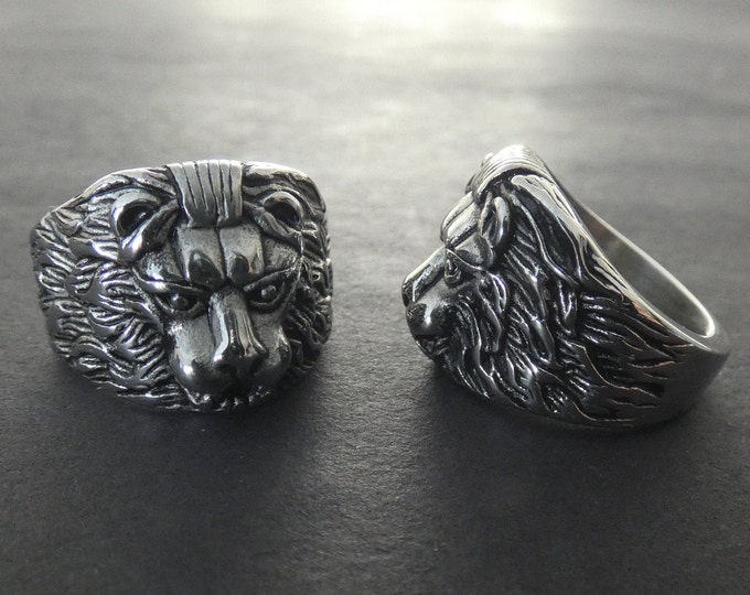 316L Stainless Steel Lion Ring, Handcrafted Steel Band, Silver Color, Intricate Lion Design, Sizes 7 to 11, Large Band With Animal Theme