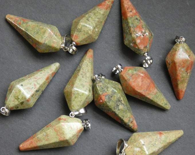 38.5mm Natural Unakite Pendant With Brass Loop, Cone Pendulum, Pink, Green and Silver Charm, Designer Stone Pointed Unakite Bullet Pendant