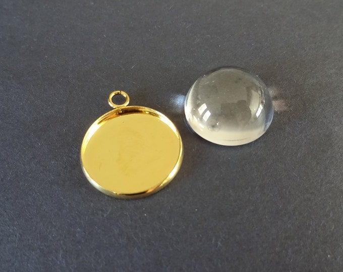 Pack of 20mm Round Stainless Steel Pendant Setting with Half Round Glass Cabochon, 27x22x2mm Overall Size, Round Setting, Gold Colored