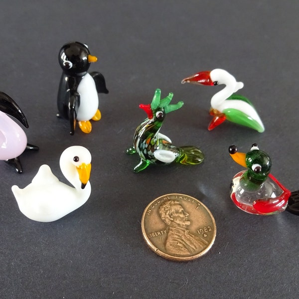 Mini Lampwork Glass Bird Animals, Small Exotic Birds, Collect All 6, Swan, Pelican, Flamingo, Peacock, Pelican and Duck Decorations