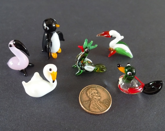 Mini Lampwork Glass Bird Animals, Small Exotic Birds, Collect All 6, Swan, Pelican, Flamingo, Peacock, Pelican and Duck Decorations