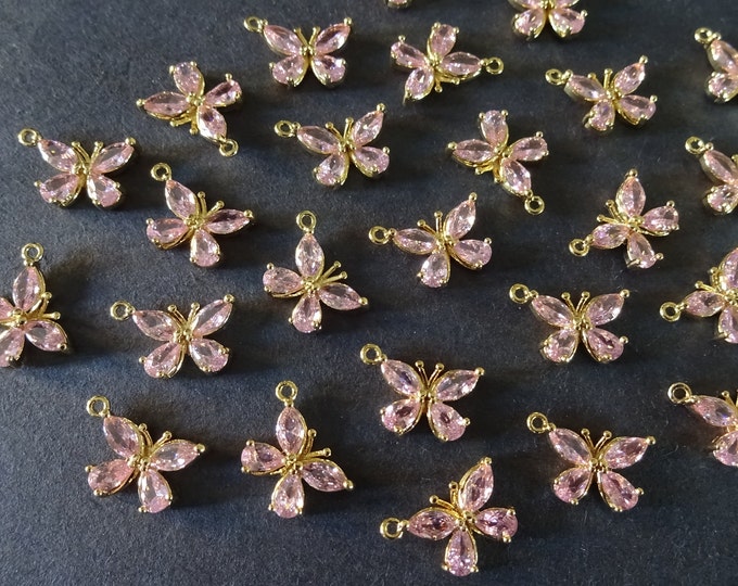 15x10.5mm Cubic Zirconia Micro Pave Brass Pendant, Light Gold Butterfly Charm, Butterfly Pendant, Pink Cubic Zirconia, Stylish Charm