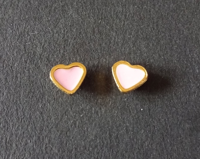 Stainless Steel & Enamel Heart Stud Earrings, Gold and Pink, Hypoallergenic, 7.5mm, Set Of Earrings, Heart Earrings, Valentine's Day Studs