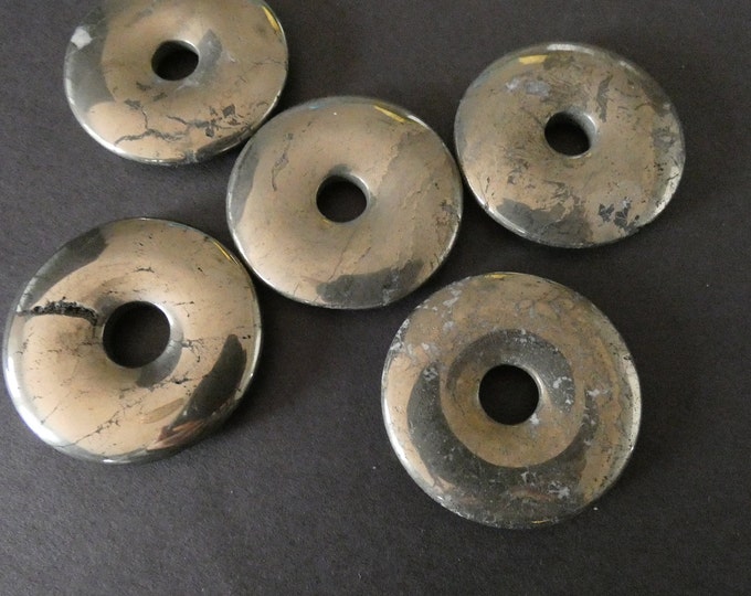 40x6mm Pyrite Donut Pendant, Silver Gemstone Stone, Polished Gem, Metallic Necklace Stone Set,  Silver Round Jewelry Component, Pyrite Discs
