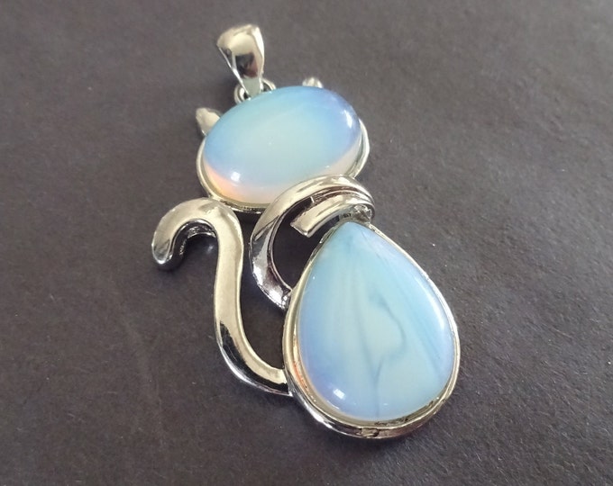 42x27mm Glass Opalite Cat Pendant With Brass Loop, Cat Charm, Crystal Pendant, White & Silver Metal Pendant, Opalite Charm Cat