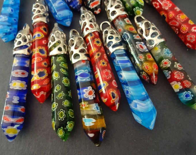 3 PACK OF 60-70mm Millefiori Glass Bullet Pendants With Alloy Metal Loops, Mixed Color, Millefiori Charm, Floral Pendant, Millefiori Bullets