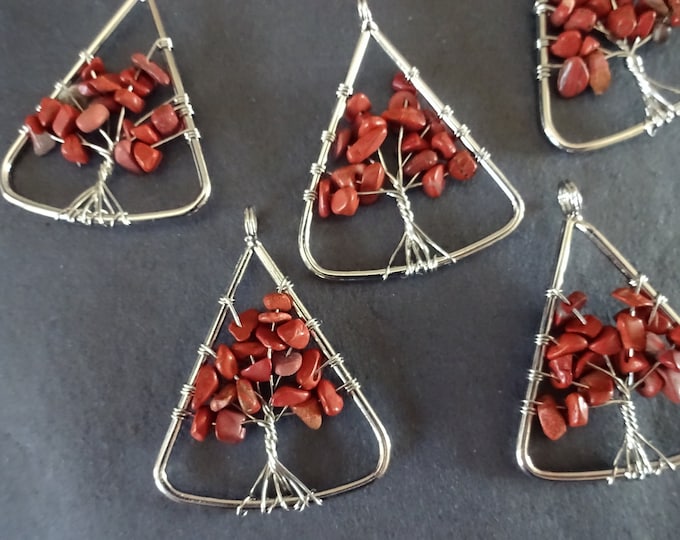 39-40mm Natural Red Jasper & Brass Tree Pendant, Jasper Gemstone Chips and Metal Wire, Ready To Use Wire Wrapped Tree Of Life With Loop