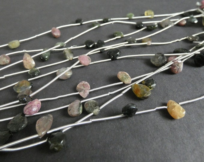 14 Inch 5x4-11x7mm Natural Multi-Tourmaline Bead Strand, 8 Beads Per Strand, Puffed Teardrops, Pink & Green, Top Side Drilled, Polished