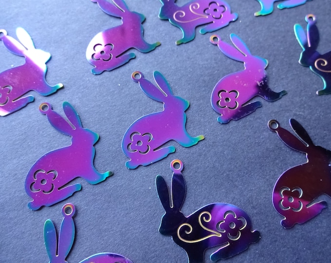 201 Stainless Steel 30x25mm Bunny Charm, Multi Color Pendant, Easter Charm, Rainbow Charm, Easter Bunny Charm, Steel Metal Pendant