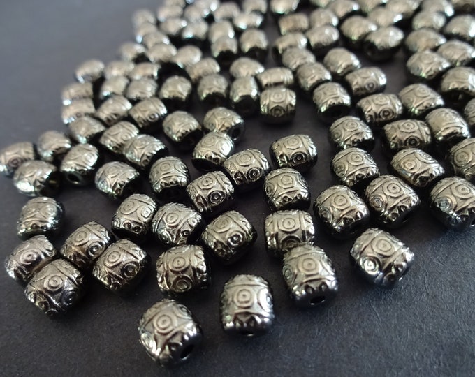 6x6mm Alloy Metal Barrel Bead, Gunmetal Gray Bead, Tibetan Style, Detailed Barrel, 1.6mm Hole, Barrel Spacer Beads, Boho Aztec Design