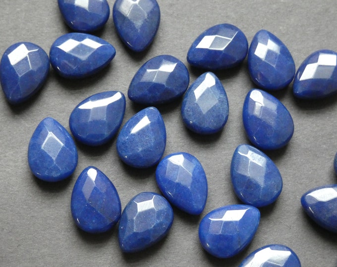 18x13mm Natural White Jade Faceted Cab, Dyed, Teardrop, Polished Gemstone Cabochon, Blue Cabochon, Wire Wrapping Blue Cab, Undrilled