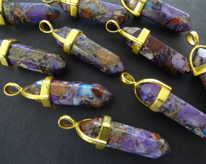40-41mm Purple Regalite Bullet Pendant With Golden Brass Loop, Synthetic Dyed Stone, Faceted Bullet, Polished, Regalite Pendant, Stone Charm
