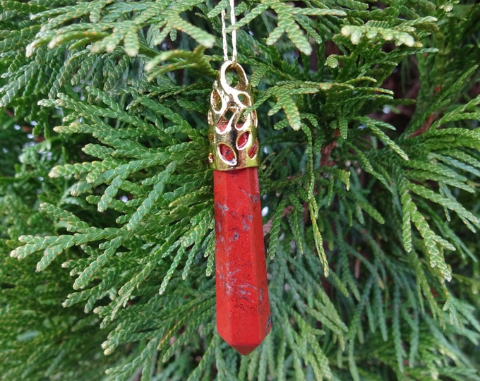 2.5 Inch Natural Red Jasper Christmas Ornament, Handmade, Gold Color Brass Metal Loop, Handcrafted Gemstone Ornament, Red Crystal