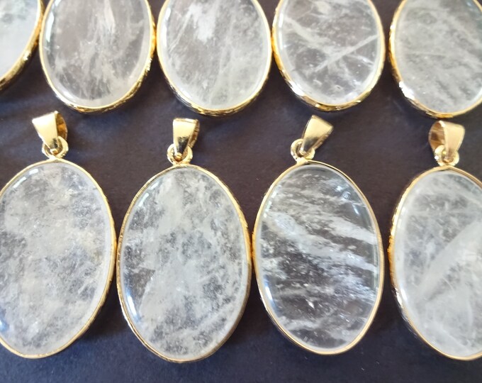 35-36mm Natural Quartz Pendant With Gold Plated Brass Metal, Snap On Bail, Oval Quartz Pendant, Polished Gemstone Jewelry, Stone Charm